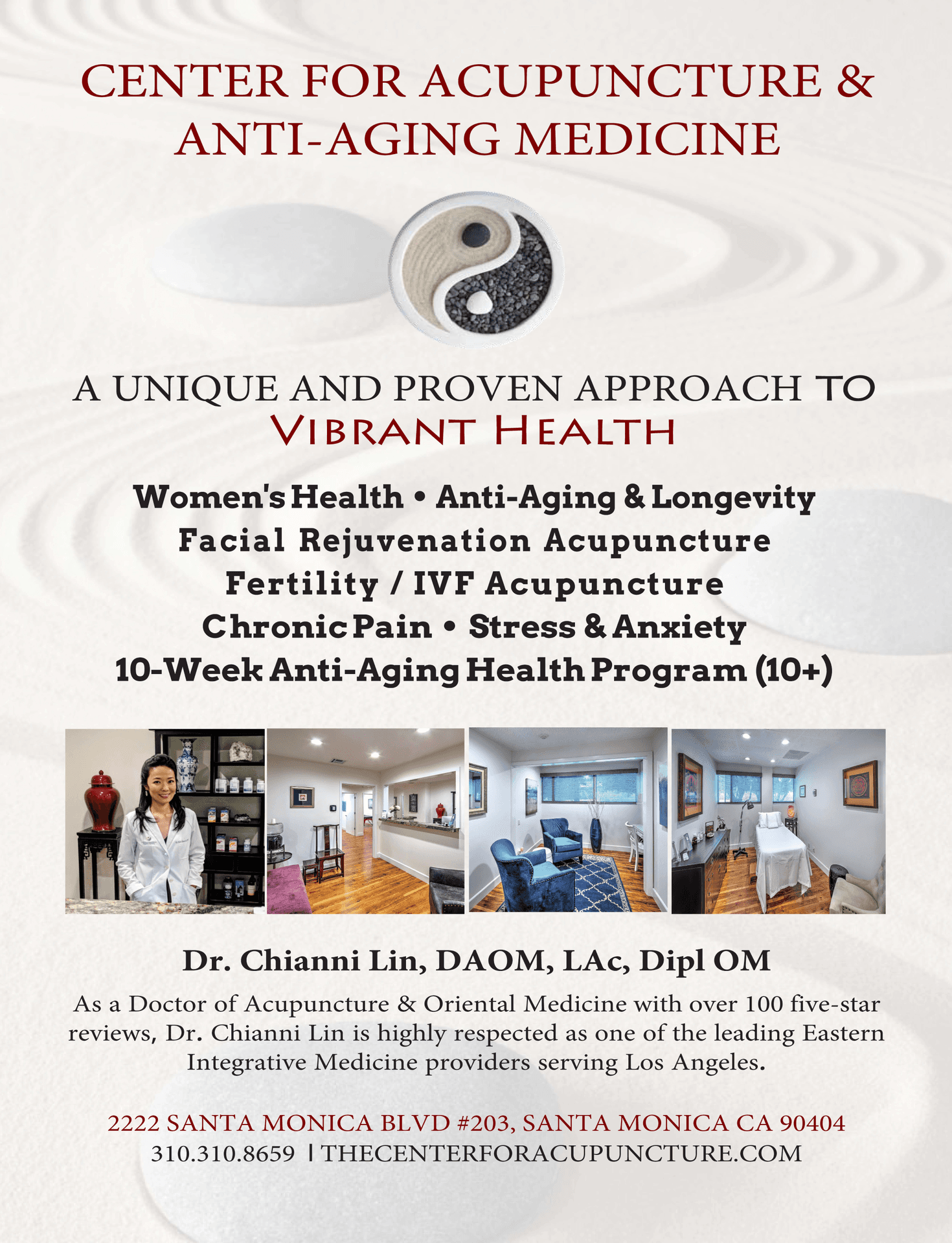 Center for Acupuncture & Anti-Aging Medicine press kit flyer featuring Dr. Chianni Lin